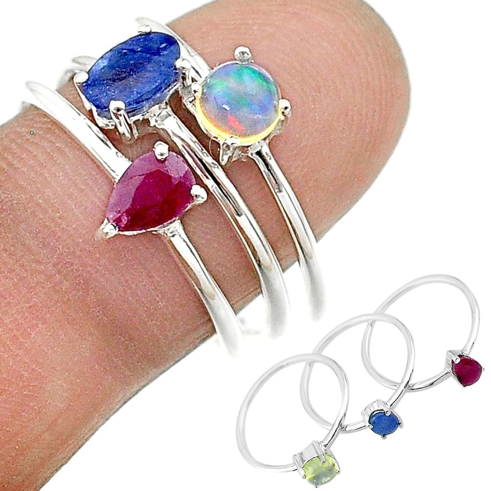 2.98cts natural blue sapphire ethiopian opal 925 silver 3 rings size 7 t17562