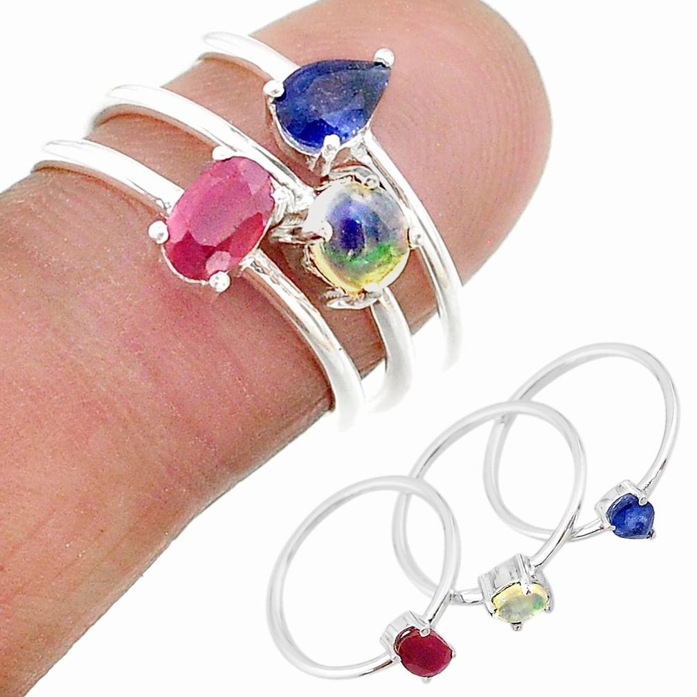 2.98cts natural blue sapphire ethiopian opal 925 silver 3 rings size 7 t17581
