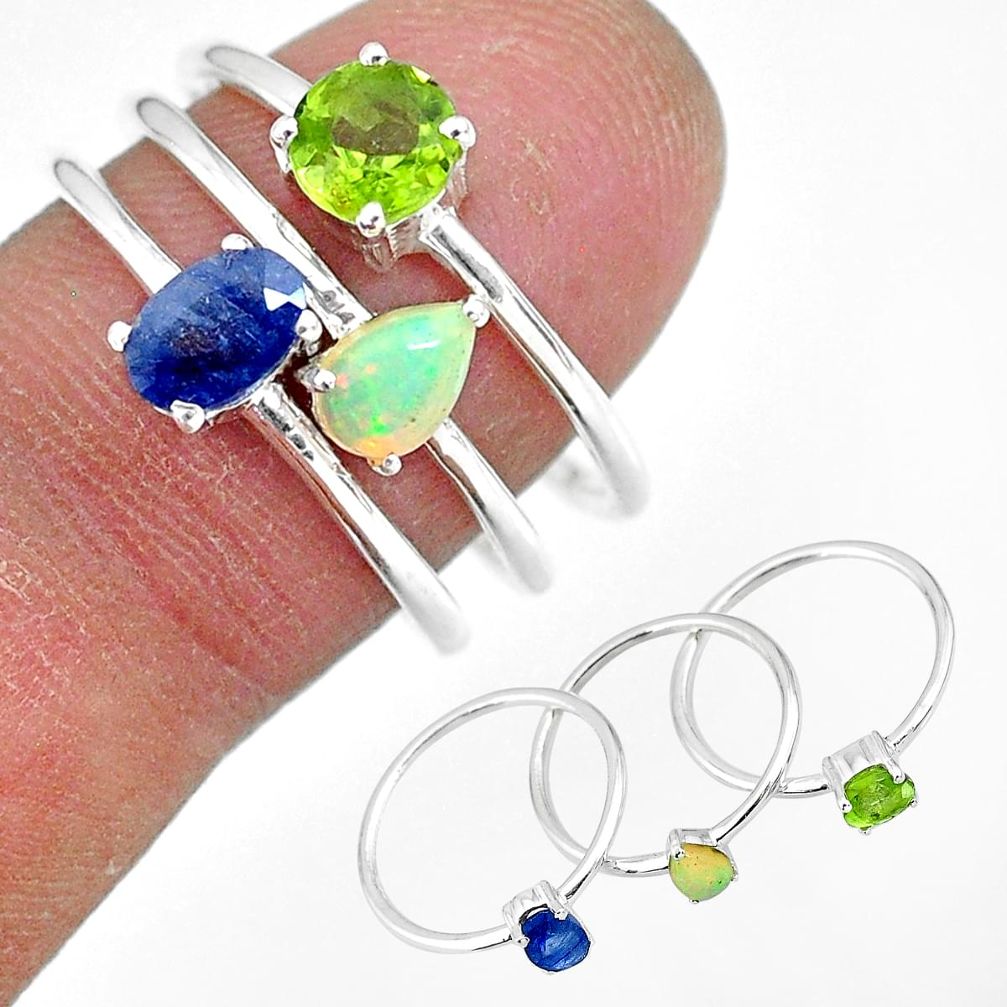 3.13cts natural blue sapphire ethiopian opal 925 silver 3 rings size 8 r92434