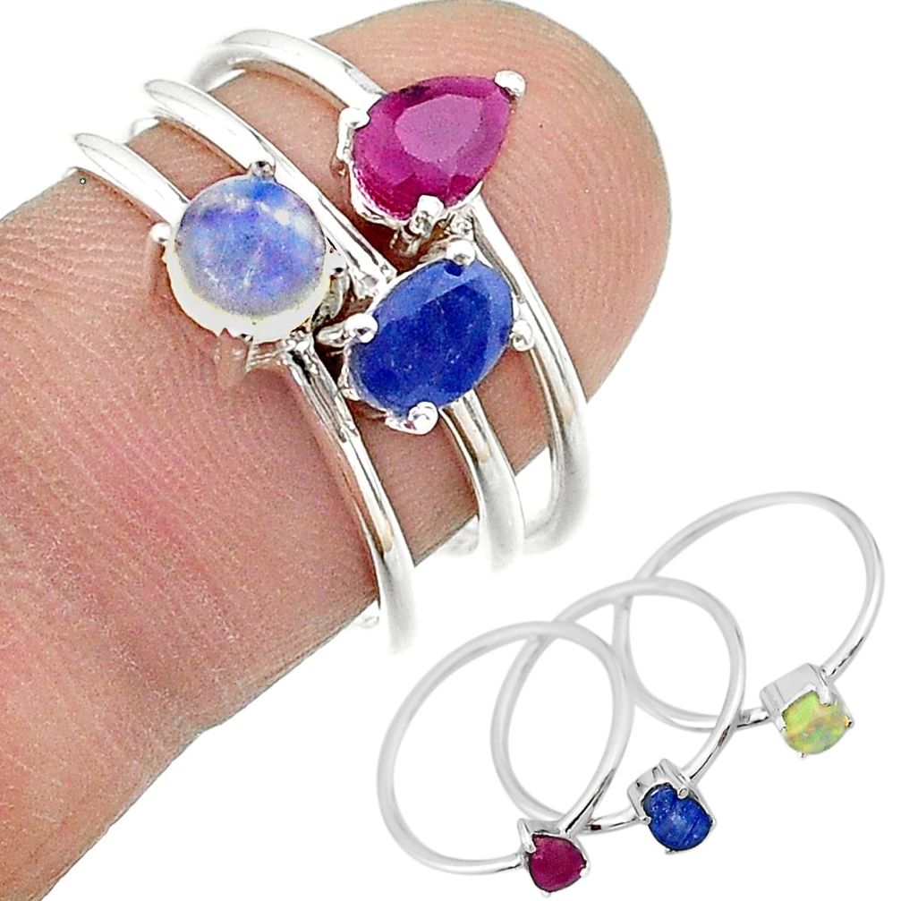 2.98cts natural blue sapphire ethiopian opal 925 silver 3 rings size 8 t17561