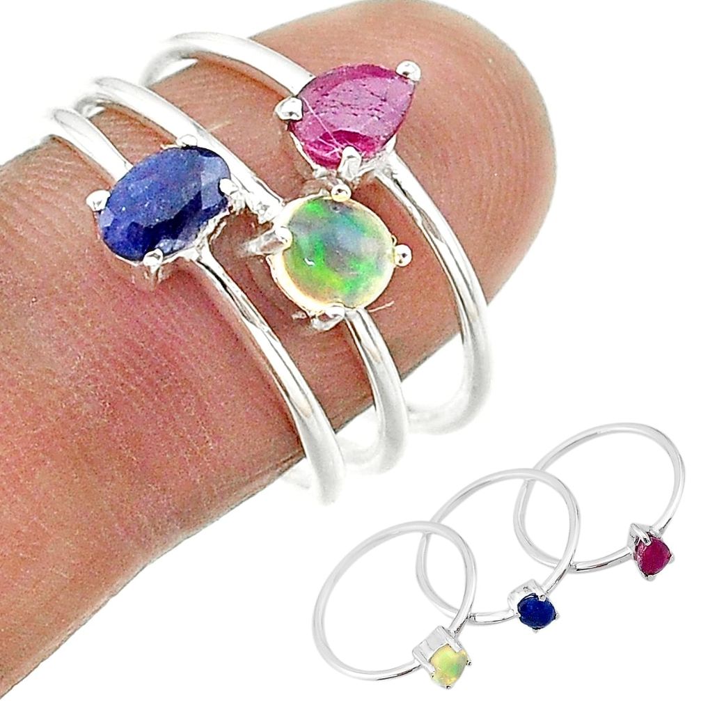 2.98cts natural blue sapphire ethiopian opal 925 silver 3 rings size 8 t17570