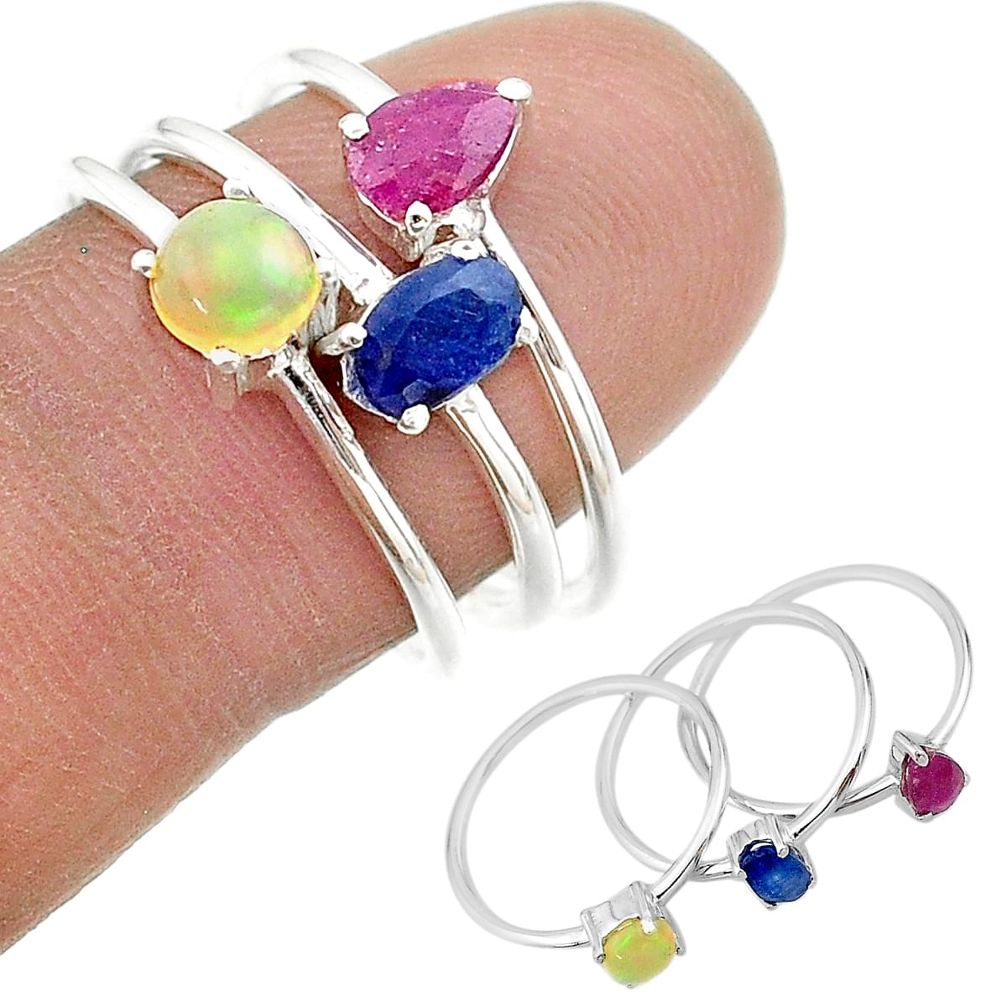 2.81cts natural blue sapphire ethiopian opal 925 silver 3 rings size 8 t17572