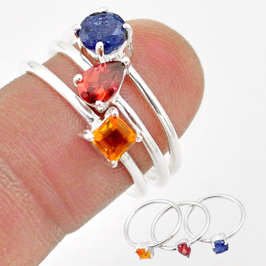 2.81cts natural blue sapphire garnet citrine 925 silver 3 rings size 7 t74862