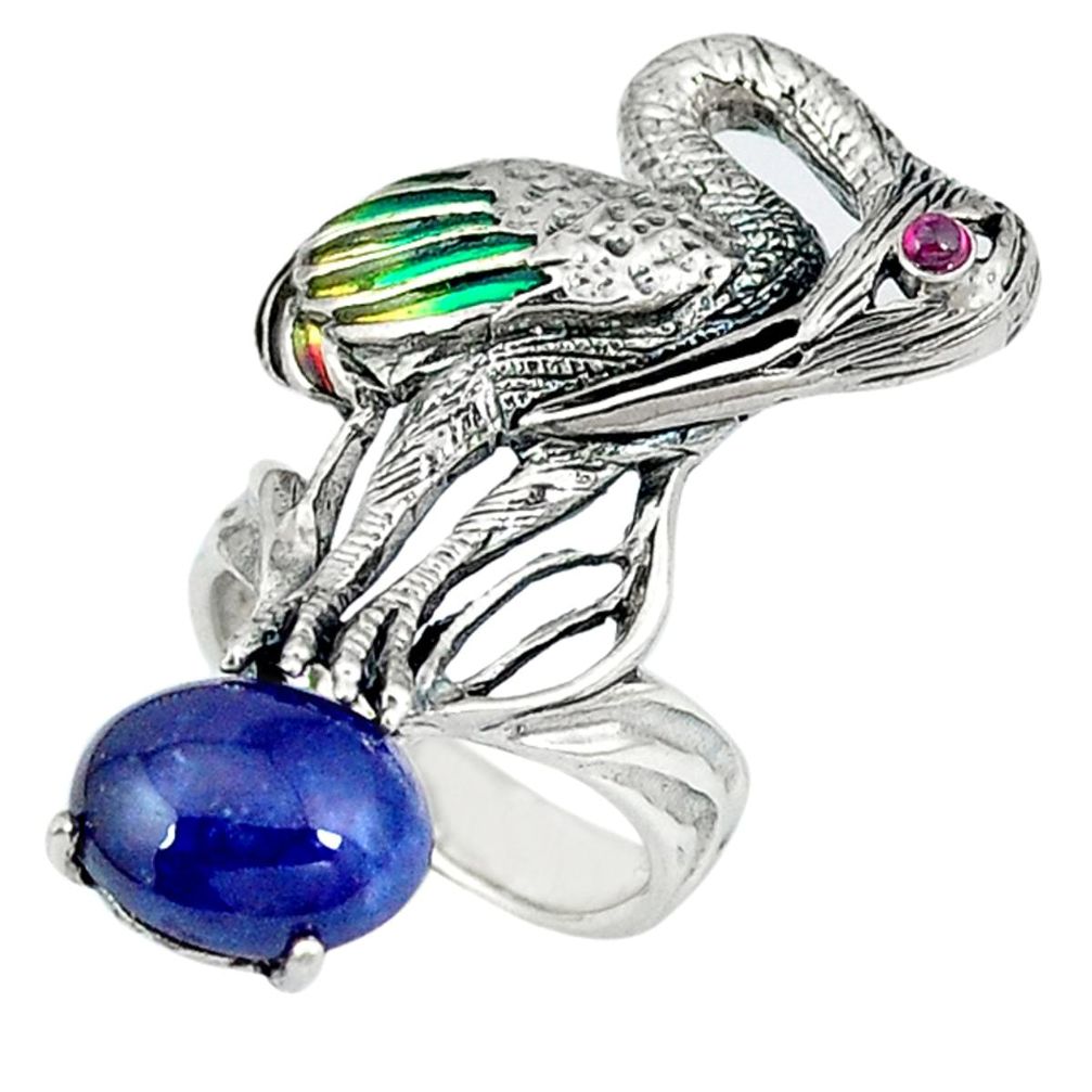 Natural blue sapphire garnet enamel 925 silver swan charm ring size 5.5 c20738