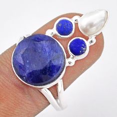 10.29cts natural blue sapphire lapis lazuli pearl silver ring size 8.5 t92002