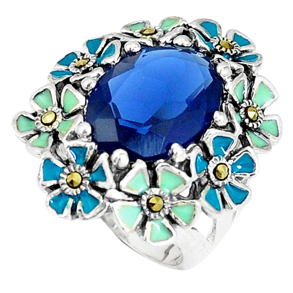 Natural blue sapphire marcasite enamel 925 silver ring size 6 c16026