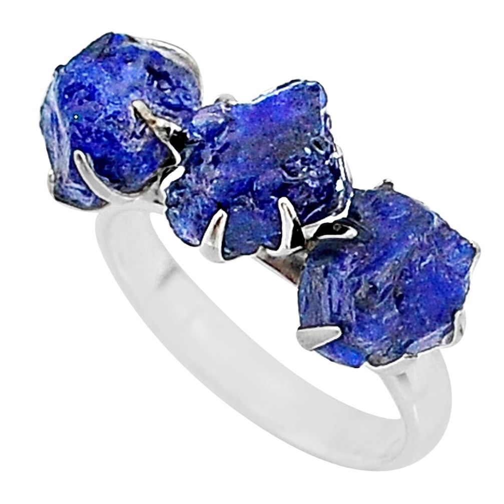 10.32cts natural blue sapphire raw 925 silver 3 stone ring size 7 t7081