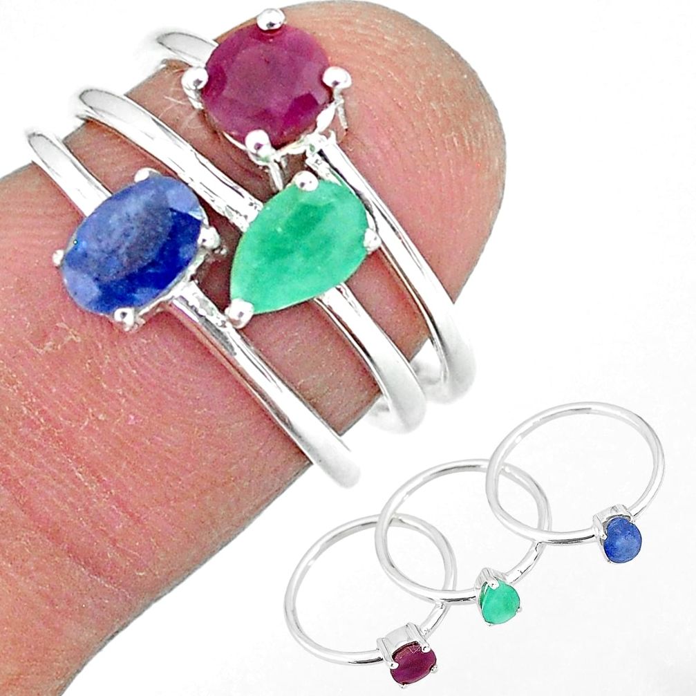 3.10cts natural blue sapphire ruby 925 sterling silver 3 rings size 6 r92382