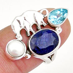 6.70cts natural blue sapphire topaz pearl silver elephant ring size 6.5 y3914