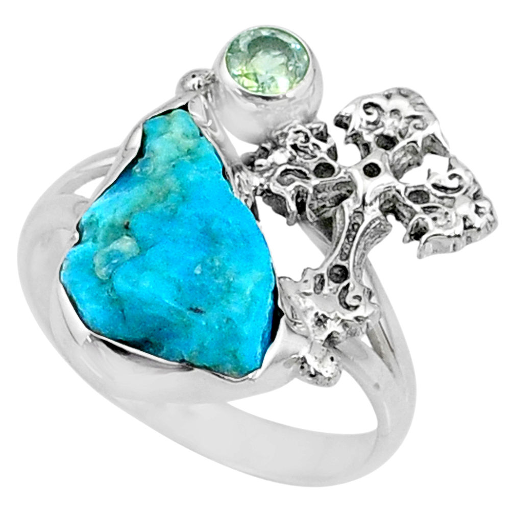 Natural blue sleeping beauty turquoise raw 925 silver cross ring size 9 r73357
