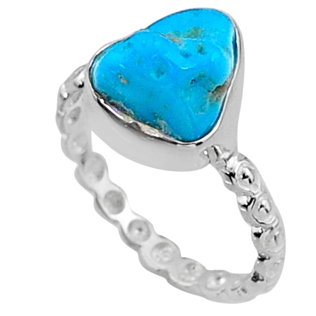 4.30cts natural blue sleeping beauty turquoise raw silver ring size 6 r65592