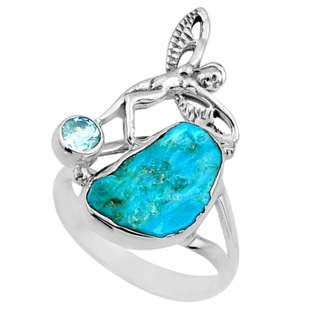 7.53cts natural blue sleeping beauty turquoise raw silver ring size 9 r66670