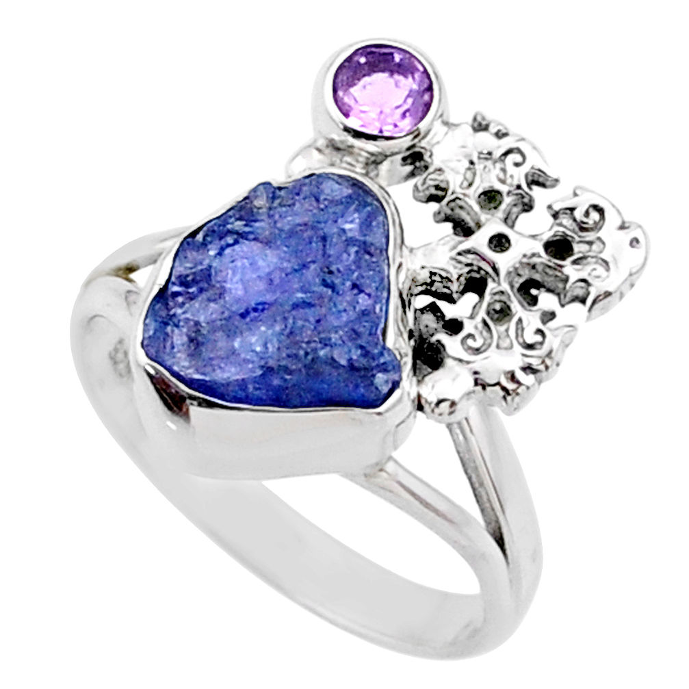 8.03cts natural blue tanzanite raw 925 silver holy cross ring size 9.5 r66996