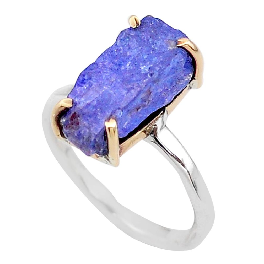 4.89cts natural blue tanzanite raw 925 silver 14k gold ring size 6 t47102