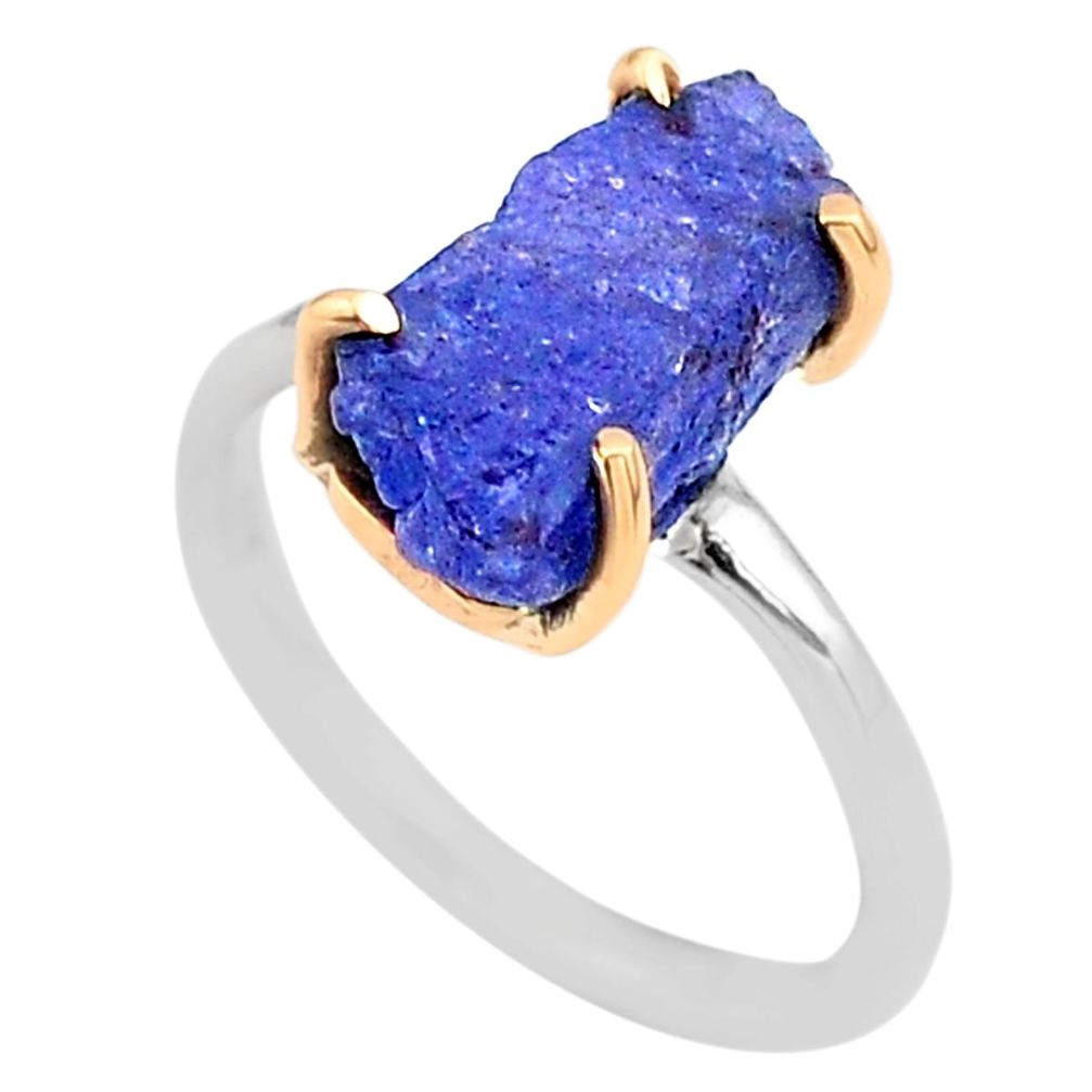 5.54cts natural blue tanzanite raw 925 silver 14k gold ring size 6 t47126