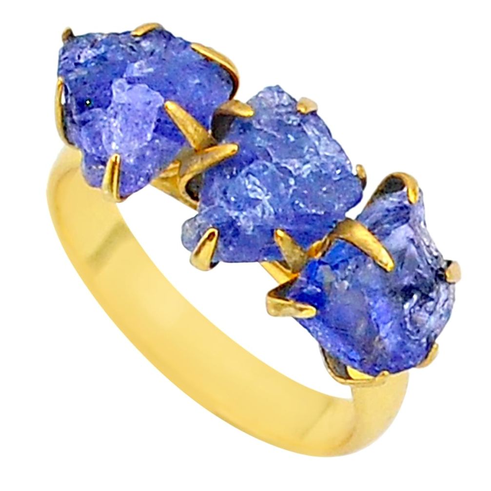 9.38cts natural blue tanzanite raw 14k gold handmade ring size 8 t34956