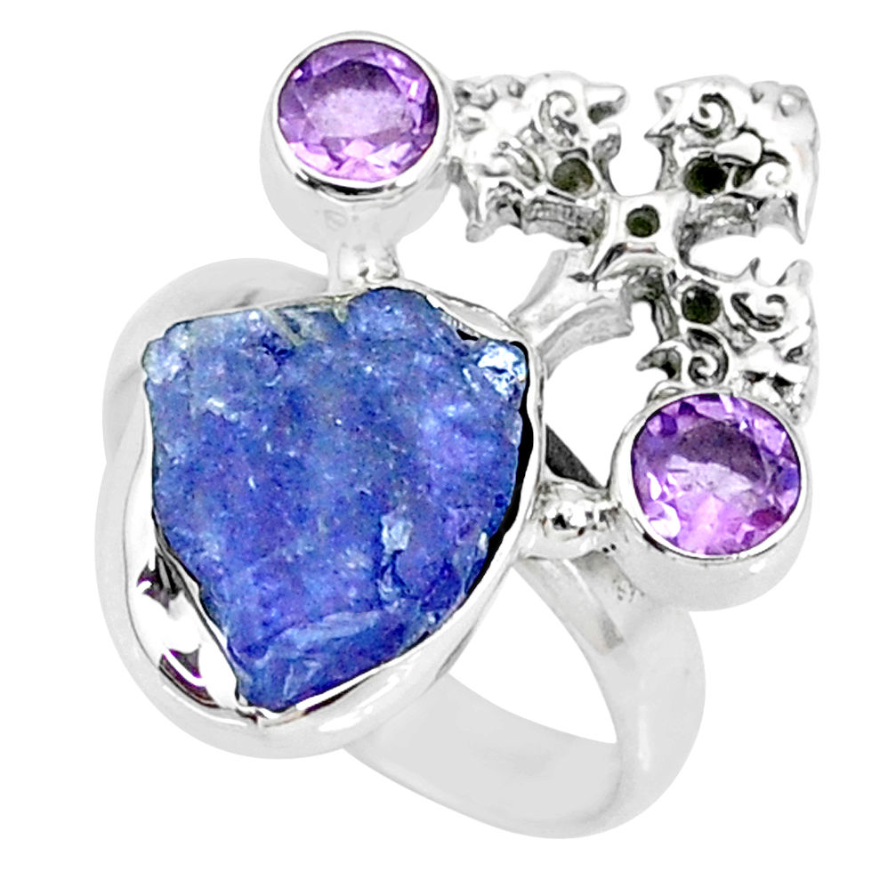 9.05cts natural blue tanzanite raw 925 silver holy cross ring size 6 r74025