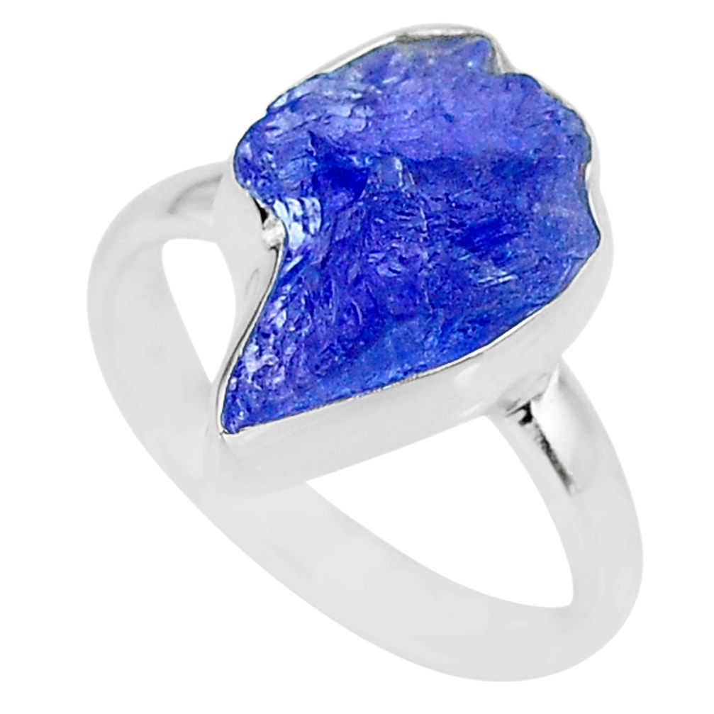 6.19cts natural blue tanzanite raw 925 silver solitaire ring size 7.5 r91805