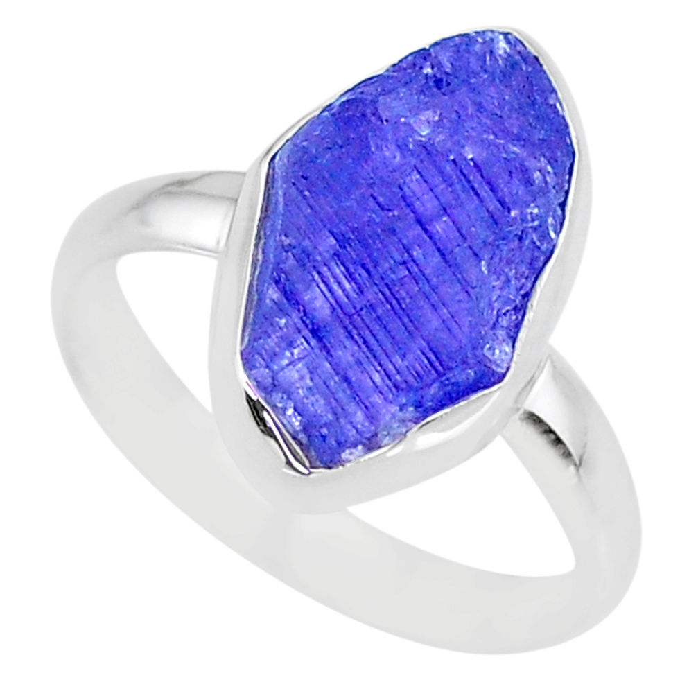 6.45cts natural blue tanzanite raw 925 silver solitaire ring size 8.5 r91826