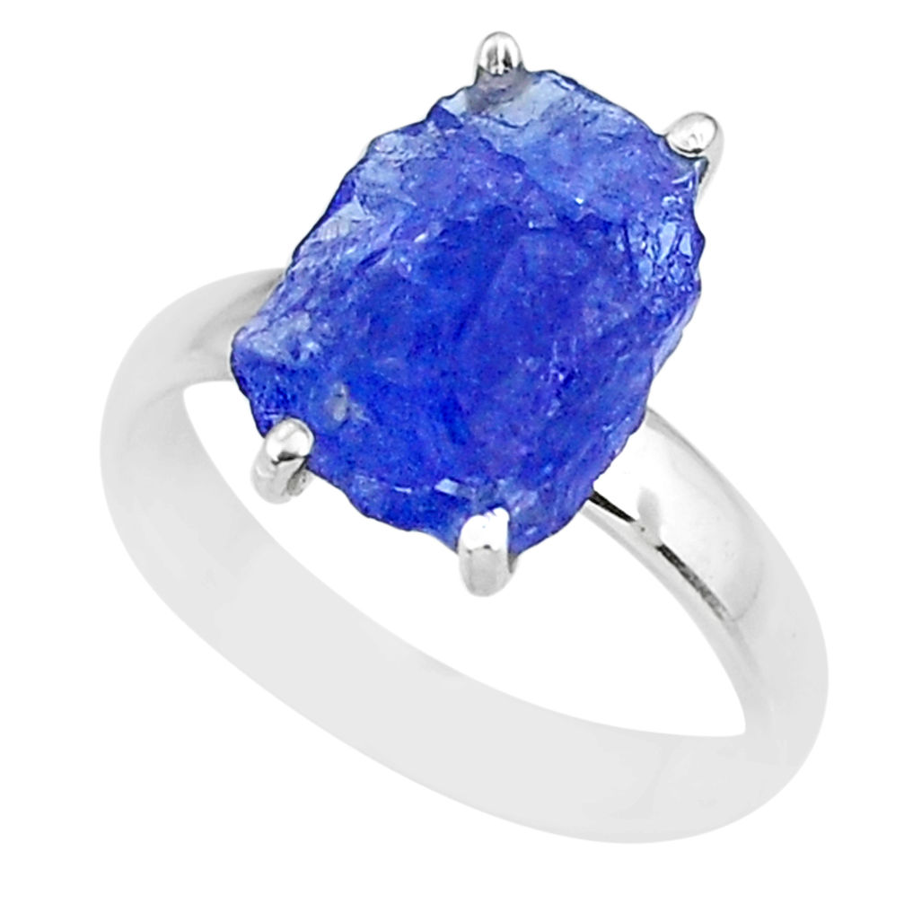 5.92cts natural blue tanzanite raw 925 silver solitaire ring size 7 r91786