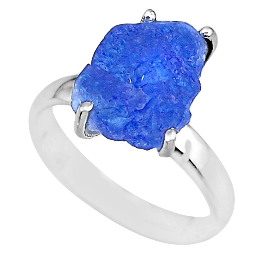 6.58cts natural blue tanzanite raw 925 silver solitaire ring size 7 r91790