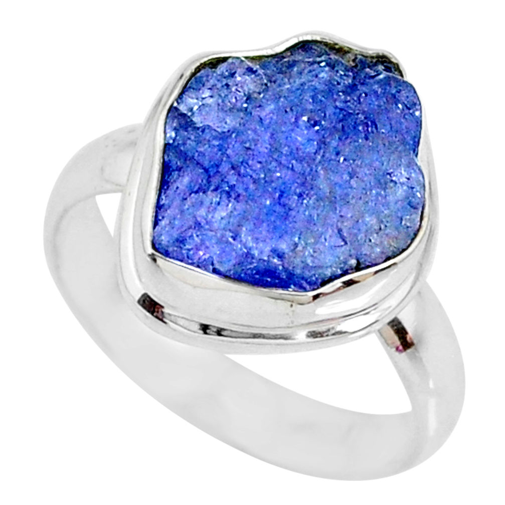7.88cts natural blue tanzanite raw silver solitaire handmade ring size 8 r74037