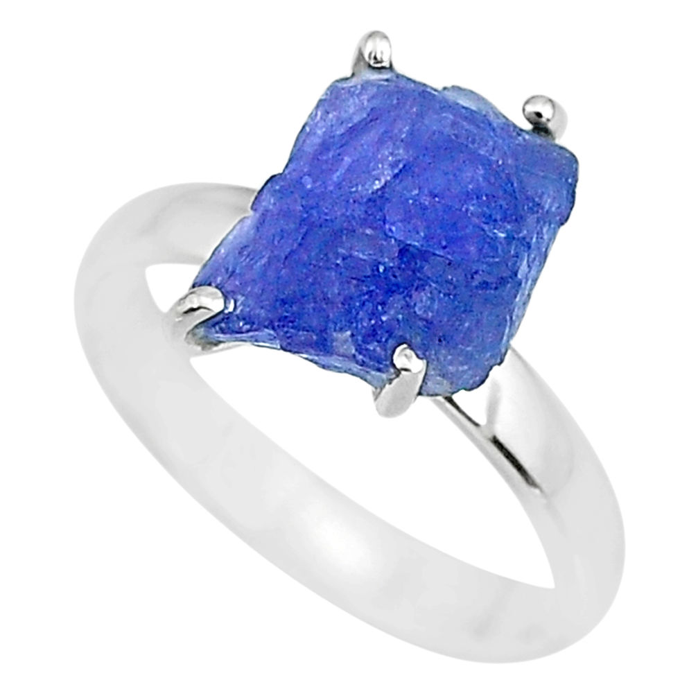 6.26cts natural blue tanzanite raw 925 silver solitaire ring size 8 r91762
