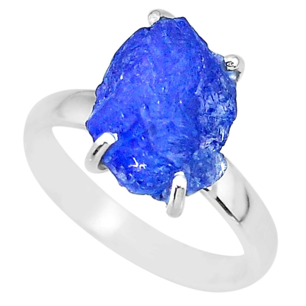 6.15cts natural blue tanzanite raw 925 silver solitaire ring size 8 r91778