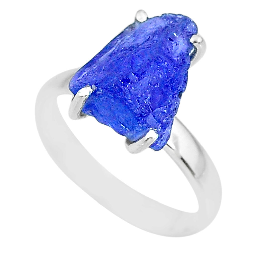 6.61cts natural blue tanzanite raw 925 silver solitaire ring size 8 r91781