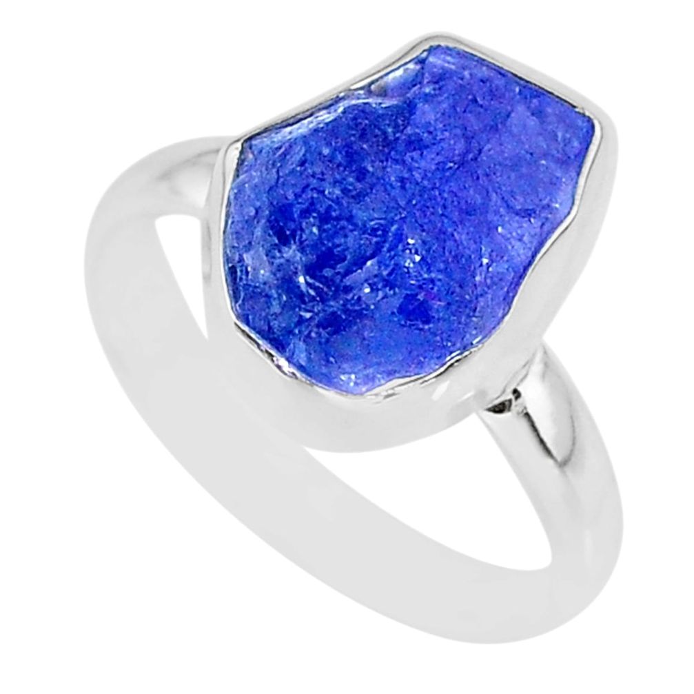 6.39cts natural blue tanzanite raw 925 silver solitaire ring size 8 r91838