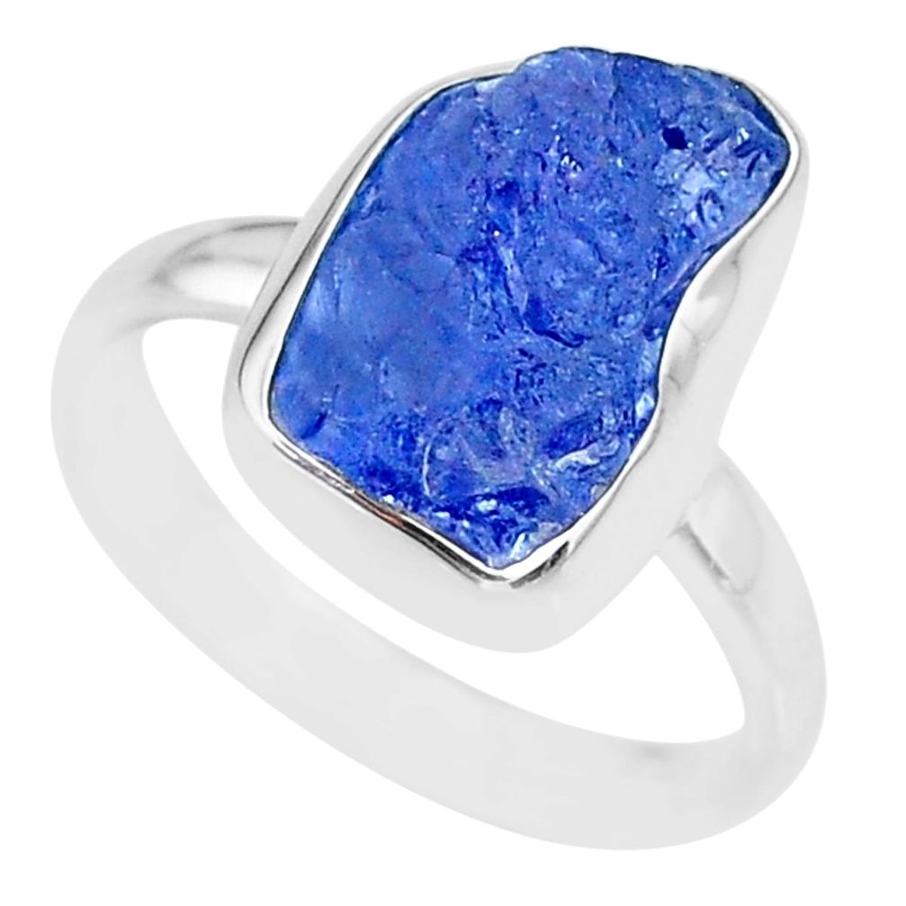 6.80cts natural blue tanzanite raw 925 silver solitaire ring size 9 r91819