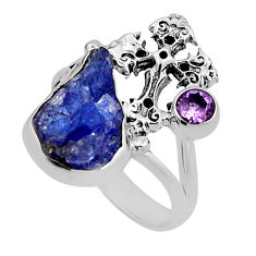 6.88cts natural blue tanzanite rough amethyst silver cross ring size 8.5 n12409