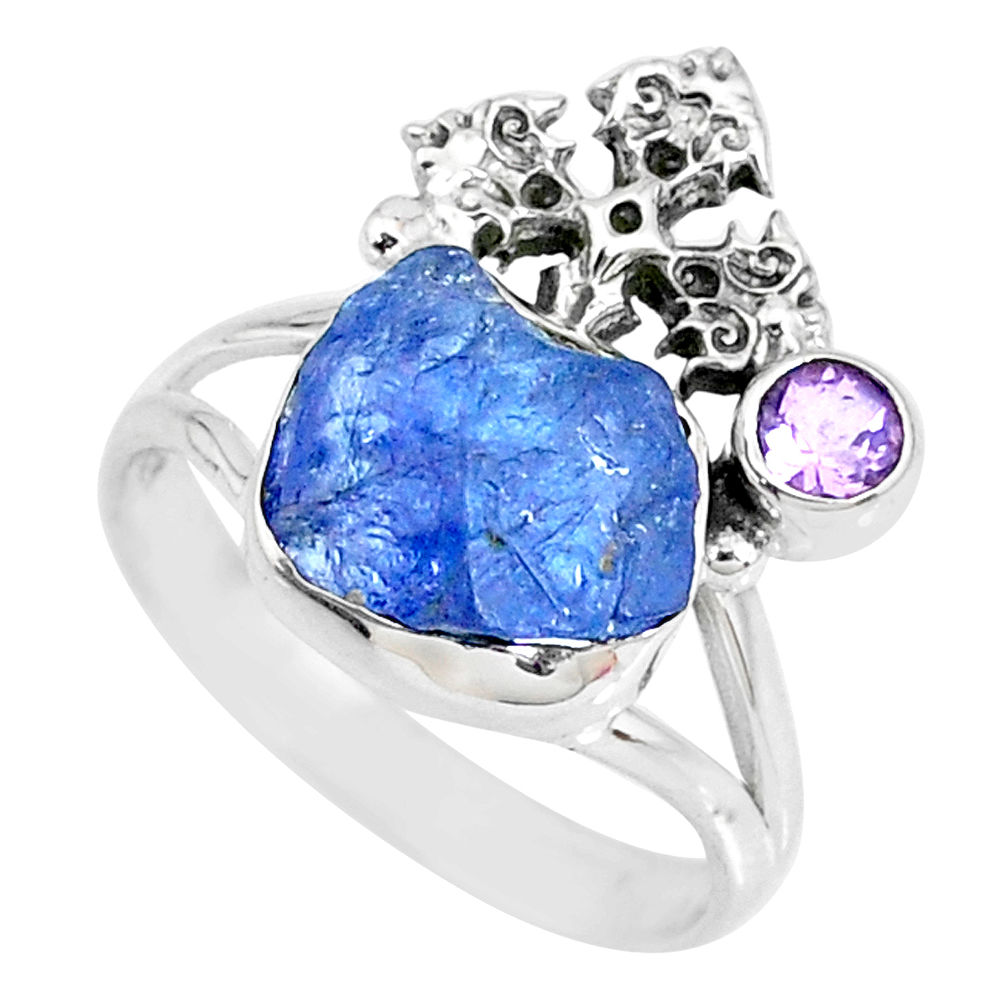 7.82cts natural blue tanzanite raw amethyst silver cross ring size 9 r74008