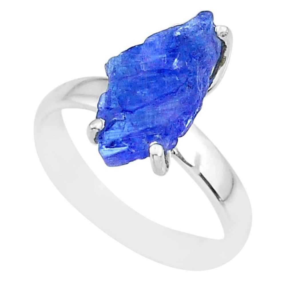 5.83cts natural blue tanzanite raw fancy silver solitaire ring size 7 r91784