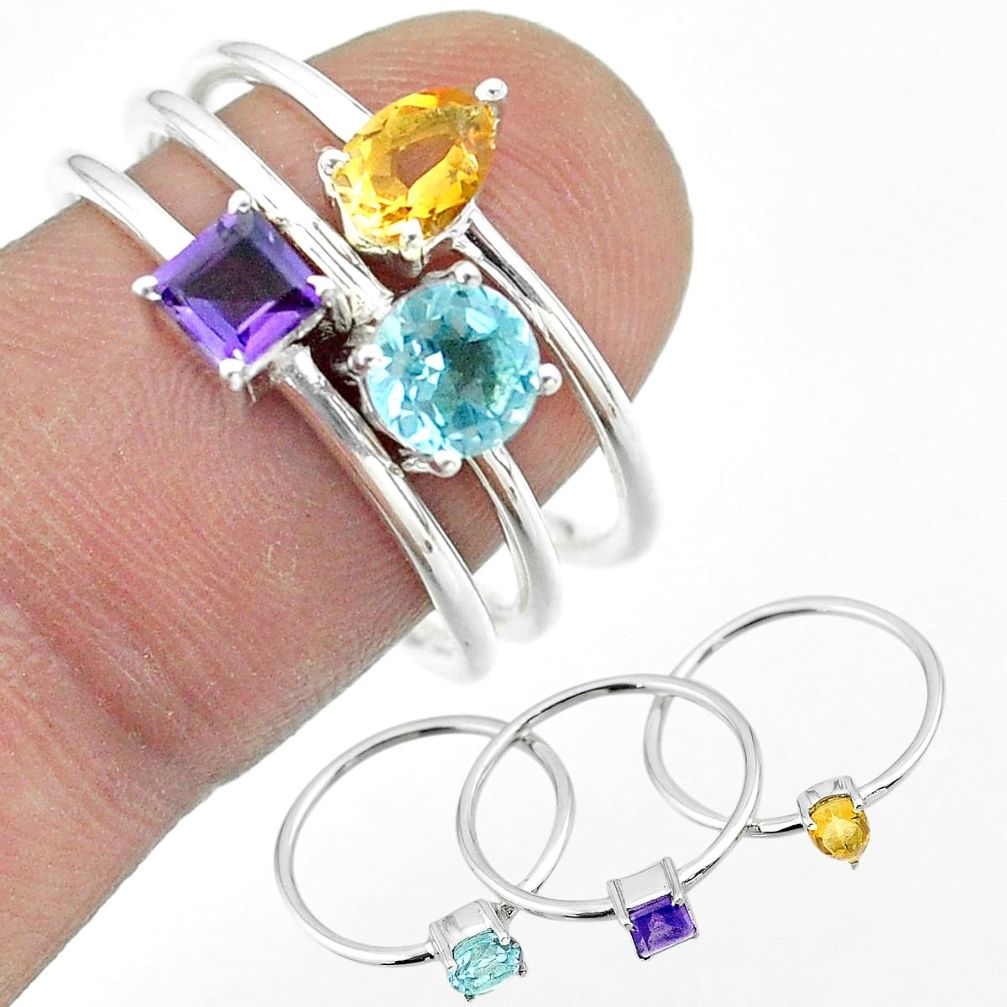 2.98cts natural blue topaz amethyst citrine 925 silver 3 rings size 8 t51008