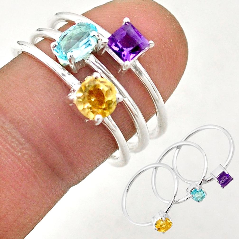 2.95cts natural blue topaz amethyst citrine 925 silver 3 rings size 8 t74826