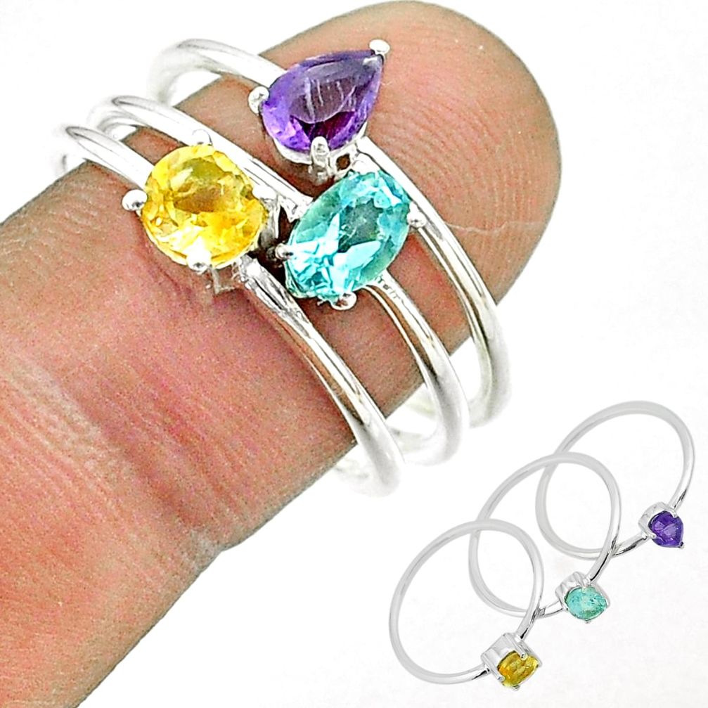 3.14cts natural blue topaz amethyst citrine 925 silver 3 rings size 9 t51490