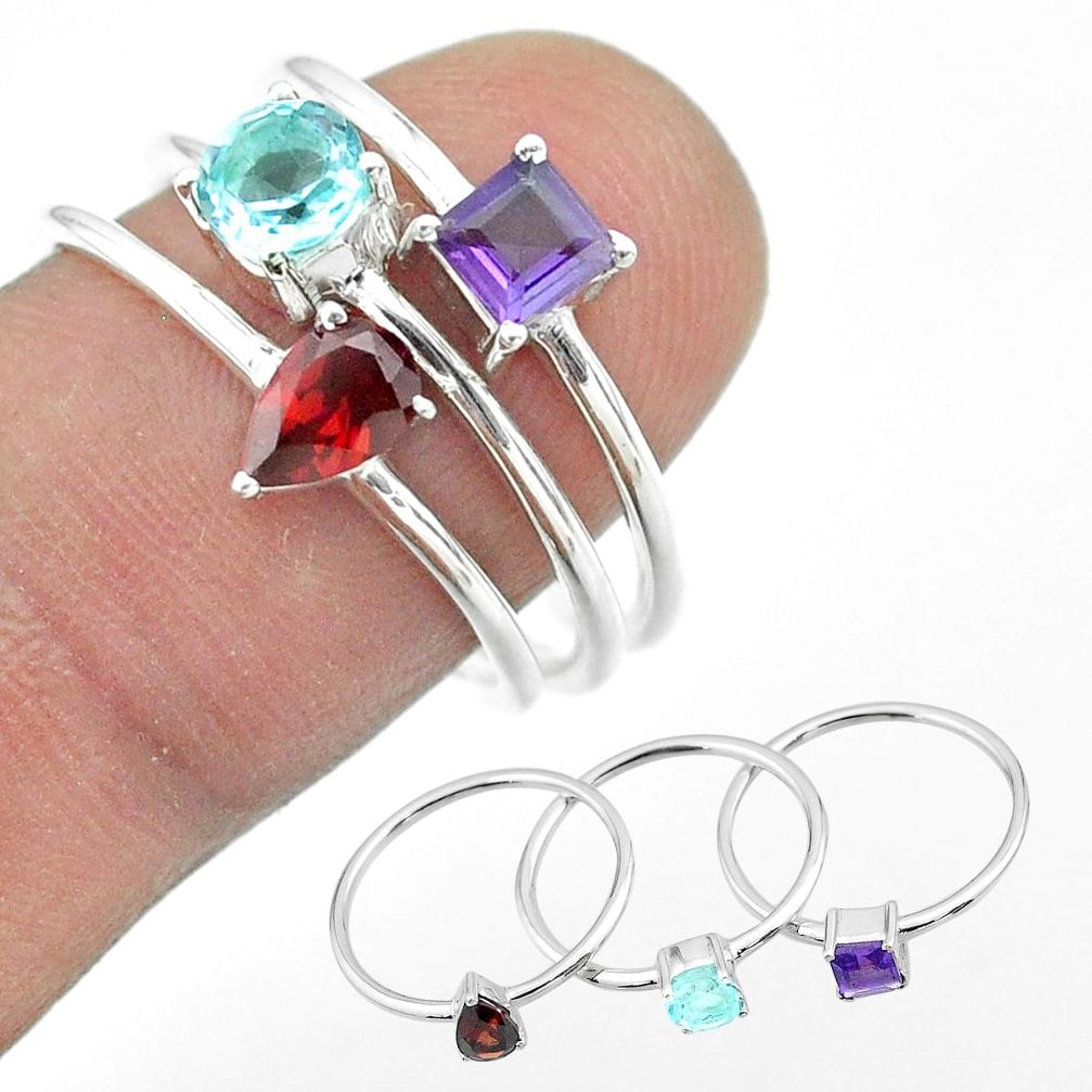 2.98cts natural blue topaz amethyst garnet 925 silver 3 rings size 8 t51003