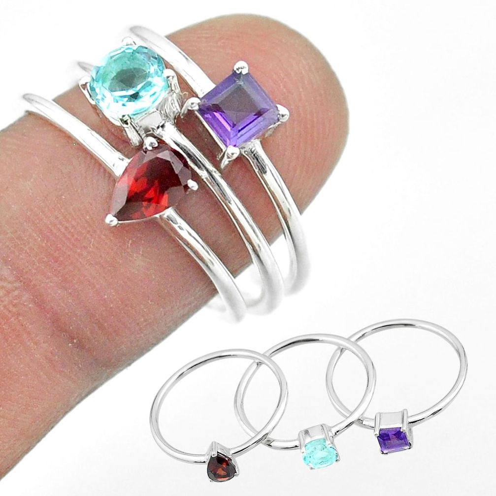 2.98cts natural blue topaz amethyst garnet 925 silver 3 rings size 5.5 t51160