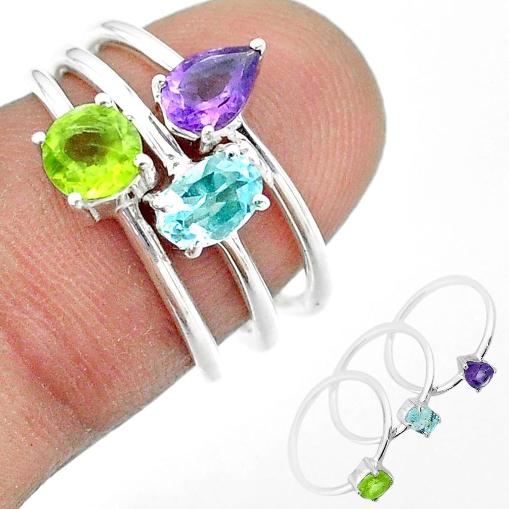 2.97cts natural blue topaz amethyst peridot 925 silver 3 rings size 6 t51143