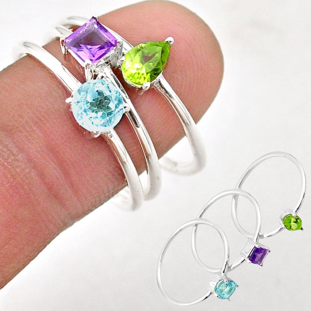 blue topaz amethyst peridot 925 silver 3 rings size 8 t74819