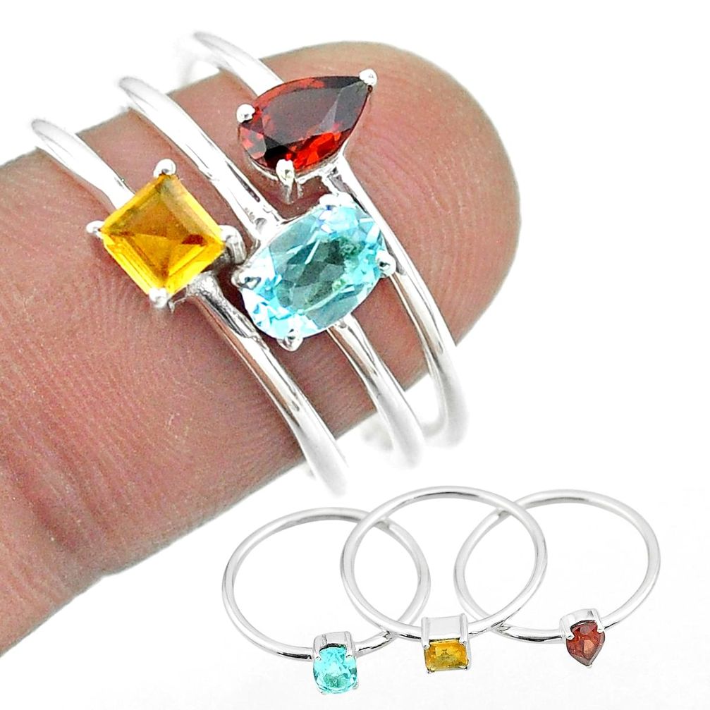 2.98cts natural blue topaz citrine garnet 925 silver 3 rings size 8 t51006