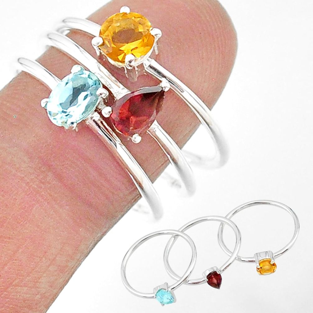 2.81cts natural blue topaz citrine red garnet 925 silver 3 rings size 6 t17685