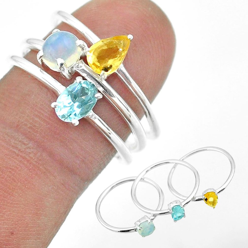 2.82cts natural blue topaz ethiopian opal citrine silver 3 rings size 8 t50969