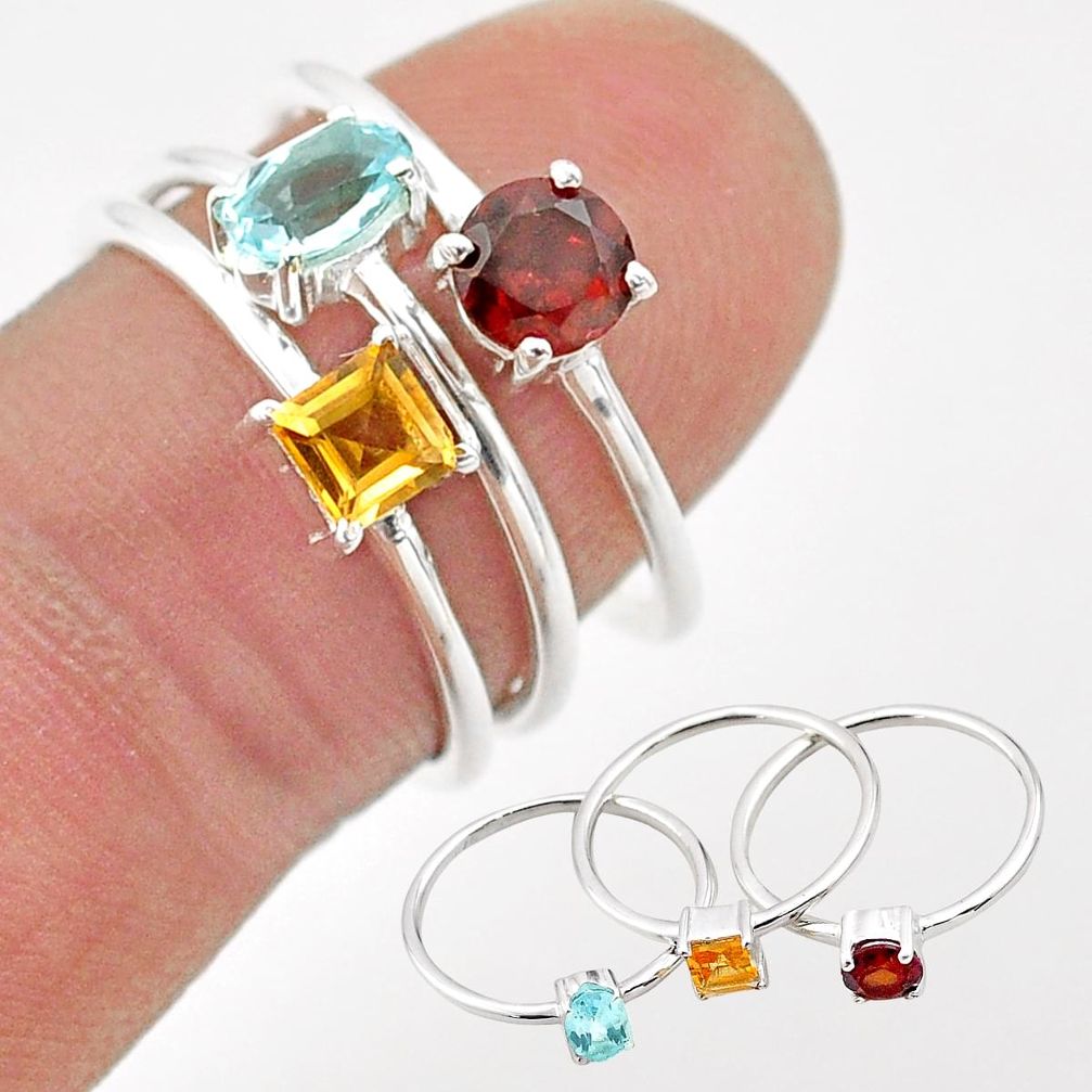 2.81cts natural blue topaz garnet citrine 925 silver 3 rings size 7 t74906