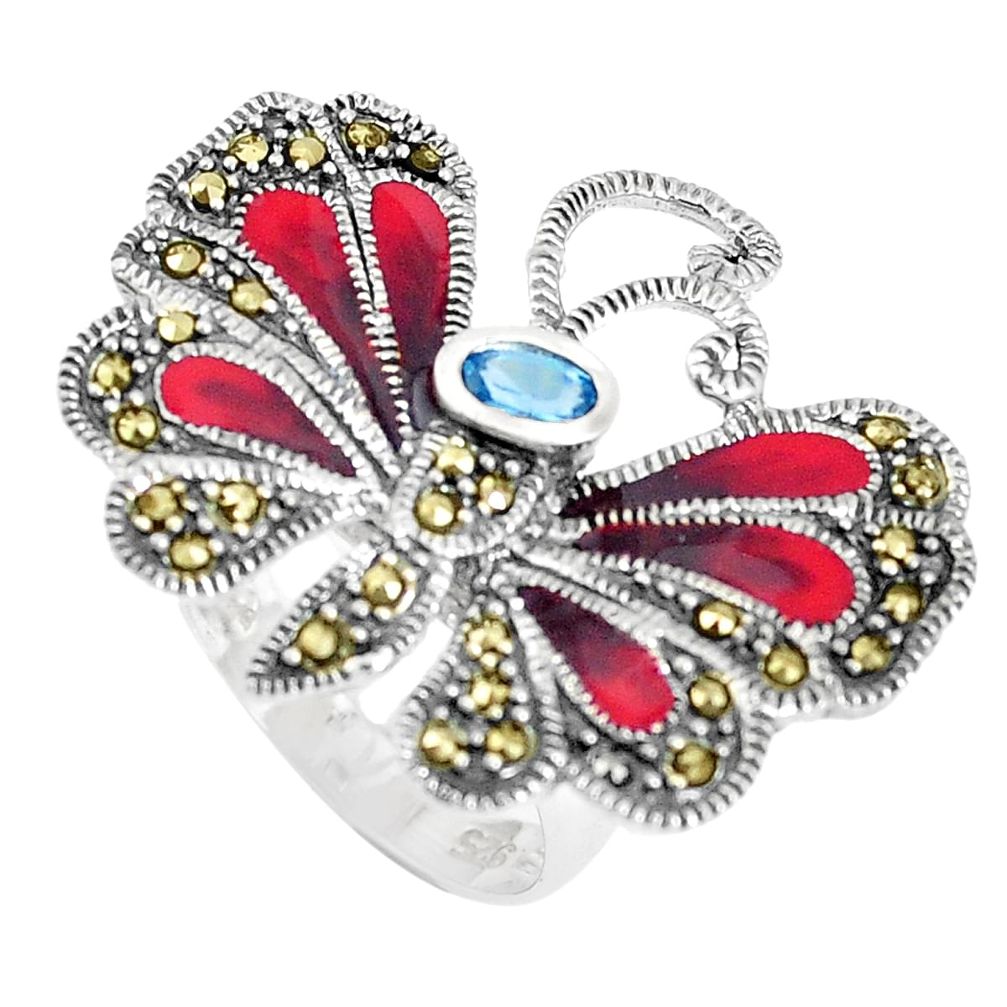 1.45cts natural blue topaz marcasite 925 silver butterfly ring size 7 c21382