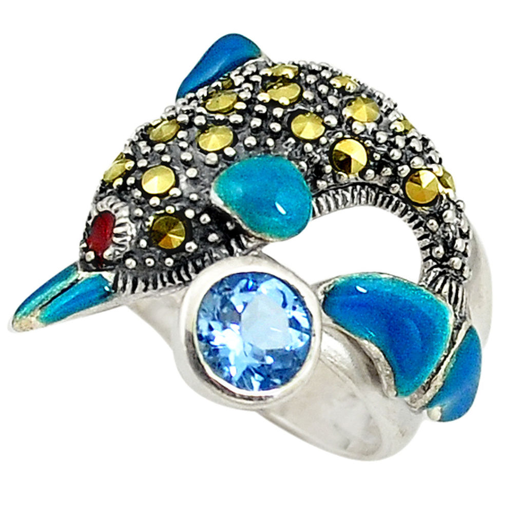 Natural blue topaz marcasite 925 silver dolphin ring jewelry size 6 c16102