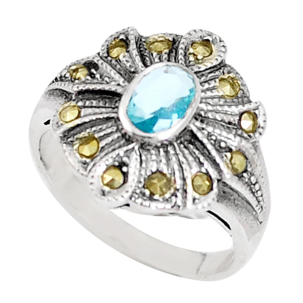 1.61cts natural blue topaz marcasite 925 silver ring size 5.5 a93599 c24872