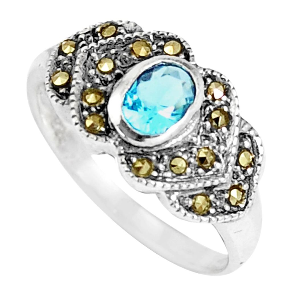 0.98cts natural blue topaz marcasite 925 sterling silver ring size 5.5 c22975