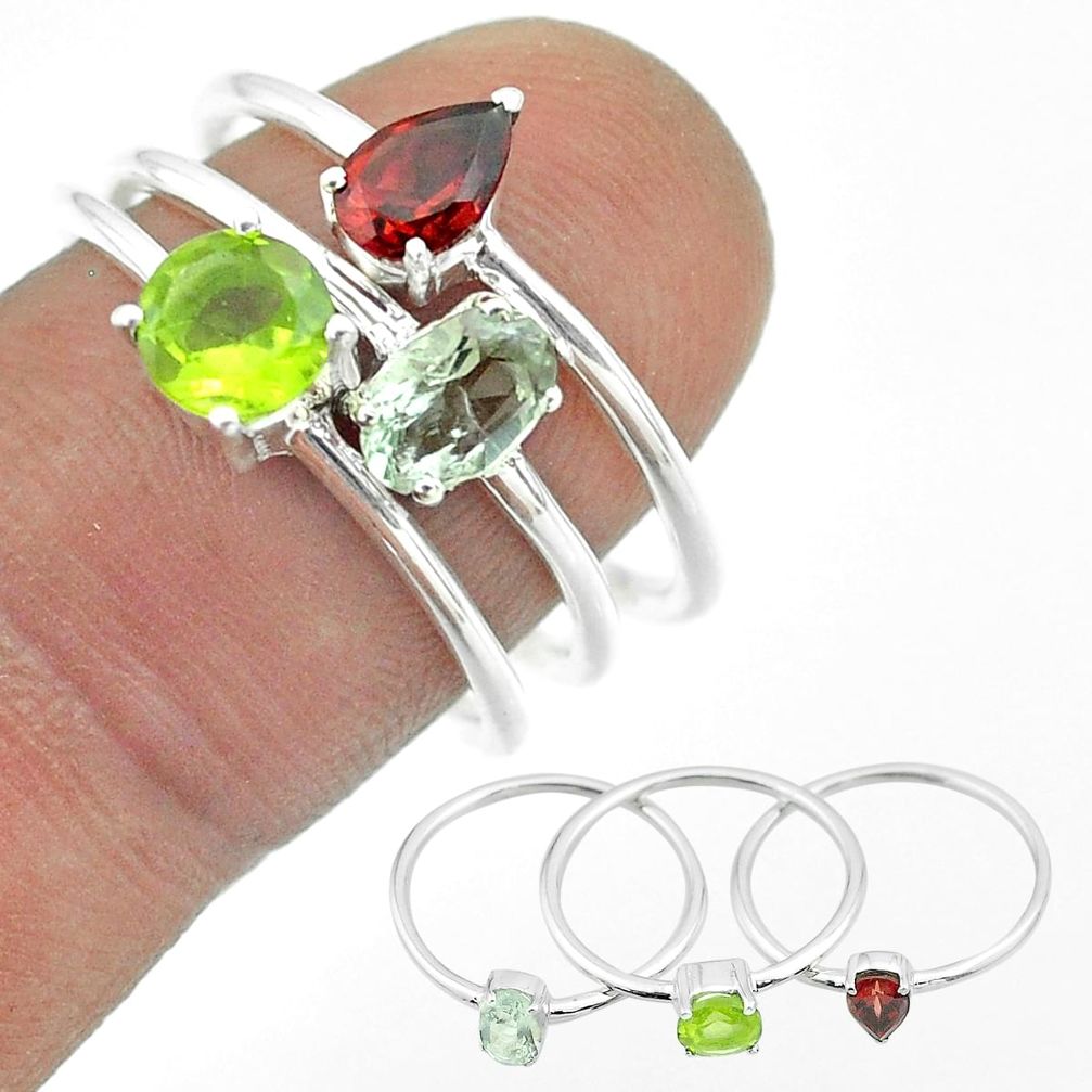 2.98cts natural blue topaz oval peridot garnet 925 silver 3 rings size 8 t51040